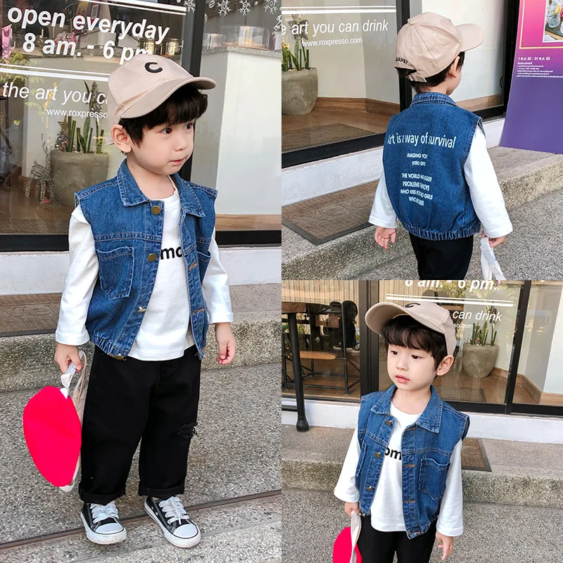 

Mai xiaodou/little pocket Childrenswear Boys' Denim Waistcoat Korean-style Children Waistcoat Small CHILDREN'S Western Style Top