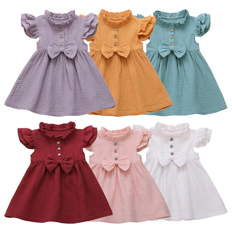 

Summer Baby Girl Dresses 6M-5T Soft Cotton Linen Flying Sleeves Stitching Bow Solid Color Princess Dress Kids Girl Clothes