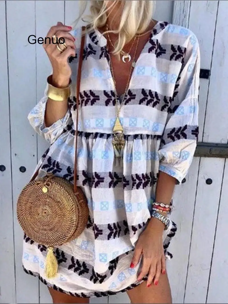

Summer Elegant Chiffon Boho Style Dress Women Print V-Neck Seven Sleeve Mini Beach Dresses Femme Vestidos 2020 New