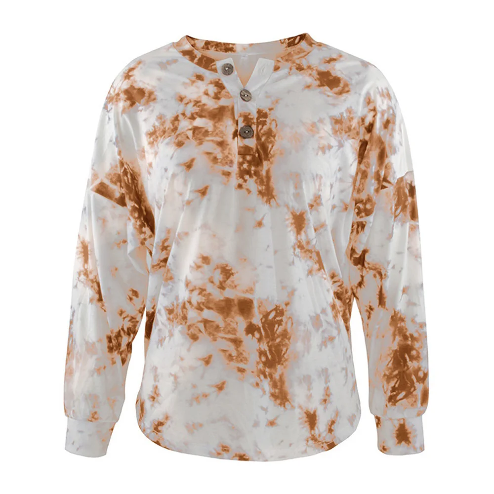 

New Women T-shirt Tie-dye Printing V-neck T-shirt Temperament Commuter Long-sleeved Tie-dye Tops Spring Autumn Ladies Clothing