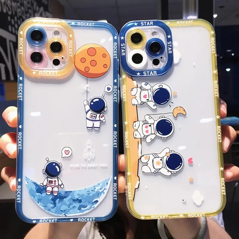 Cute Cartoon Astronaut Phone Case For iPhone 13 12 11 Pro Max XR XS Max 7 8 Plus 11 13 Pro Soft Cute Lens Protection Back Cover