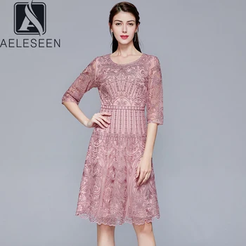 

AELESEEN Summer Women Dresses Casual Banquet Wedding Club Party Night Dress Plus Size Red Lace Floral Embroidery Pink Midi Dress