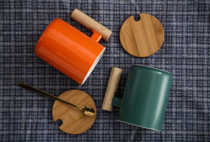 Waliicorners Wooden handle colored glaze Ceramic Mug 400ml Creative Moring Mug with Lid Milk Coffee Tea Unique Porcelain Cups Drinkware 13 2