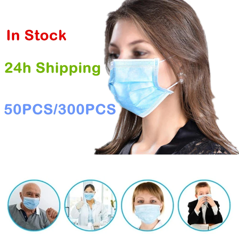 

50pc/300pc Disposable Mask Mouth Facial Protective Face Masks Adult Use 3-layer Meltblown Safe Anti-dust Anti-pollen bacterial