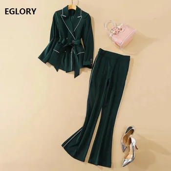 

Blazer Sets 2020 Autumn Winter Fashion Suit Set Women White Striped Color Block Blazer Jackets+Flare Leg Green Long Pant Set 2pc