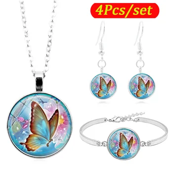 

Beautiful Butterfly Art Photo Cabochon Glass Jewelry Set Silver Fashion Necklace Bracelet Earring Jewelry Sets for Women Gifts