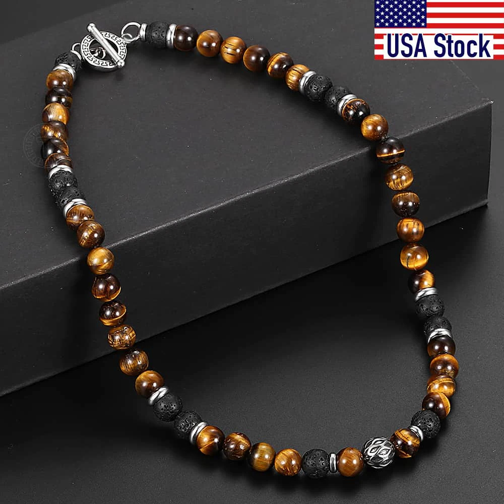 8mm Natural Stone Tiger Eyes Lava Bead Necklace Stainless Steel Charm Choker Neck Chain Fashion Male Jewelry 18/20inch | Украшения и