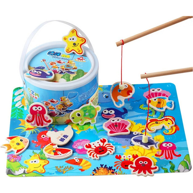 ホット販売幼児教育パズル玩具魚子供木製磁気釣りゲームおもちゃセット子供のための 14 個ギフトボックス