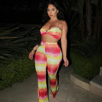 

Tracksuit Women Fashion Woman Summer 2 Piece Setsexy Pleated Tie-dyed Printing Crop Top And Trumpet Pants Two-piece Set
