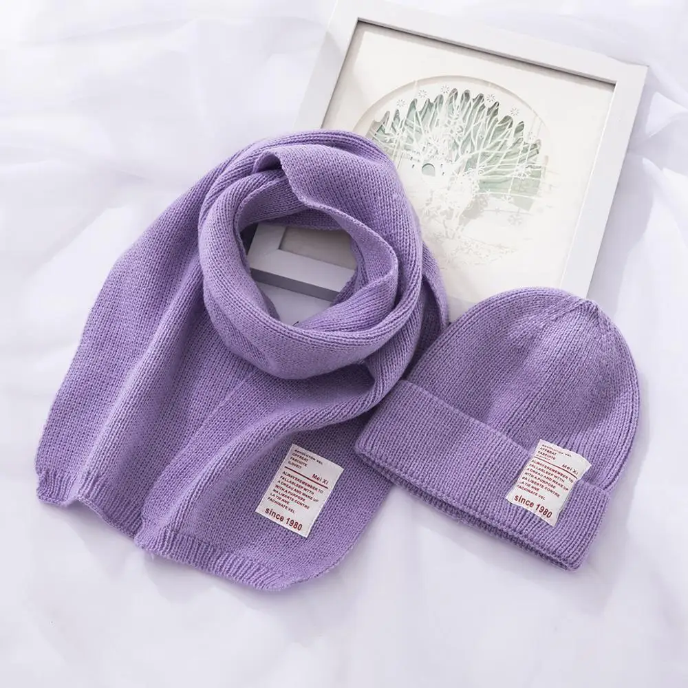 purple Осень-зима, вязаный шерстяной детский шарф, шапка, комплект, толстый теплый детский шарф для девочки, шапка для мальчика - Цвет: purple