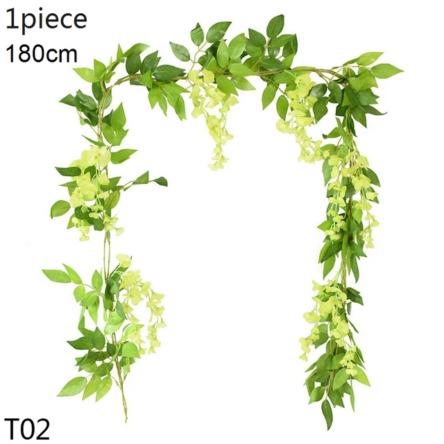 Artificial Flowers Vine Garland Wisteria Silk Artificial Rattan Hanging Flowers Romantic Wedding Arch Decoration Fake Ivy Plants T02-green-1pcs