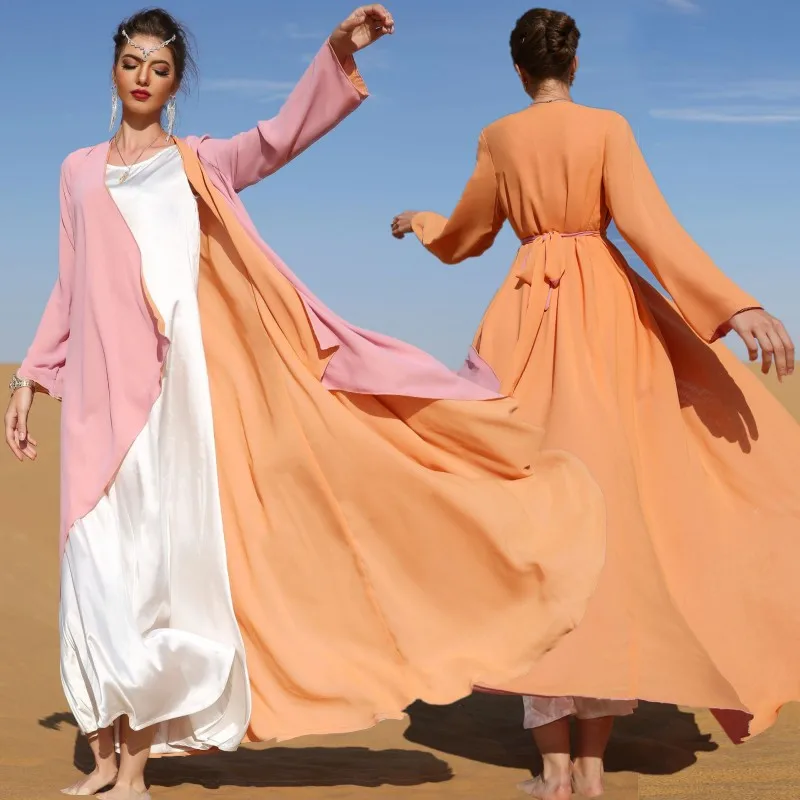 Double Sided Kimono Long Dress Chiffon Clothing Dubai Turkish Kaftan Gown Muslim IslamOpen Front Abaya Women Elegant Maxi Robe |