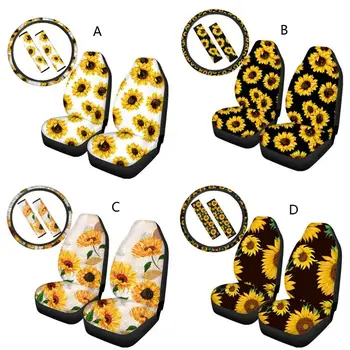 

5Pcs Car Seat Covers Steering Wheel Cover Sunflower Universal Auto Front Seats Protector Compatible Fits for Most Car