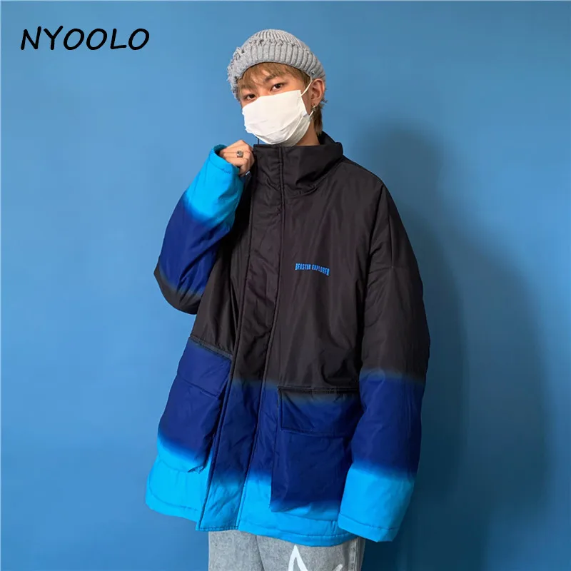NYOOLO, Harajuku, уличная, с большими карманами, лицо дьявола, градиент, утолщенное, теплое пальто, Осень-зима, свободная куртка на молнии, для женщин, мужчин, верхняя одежда