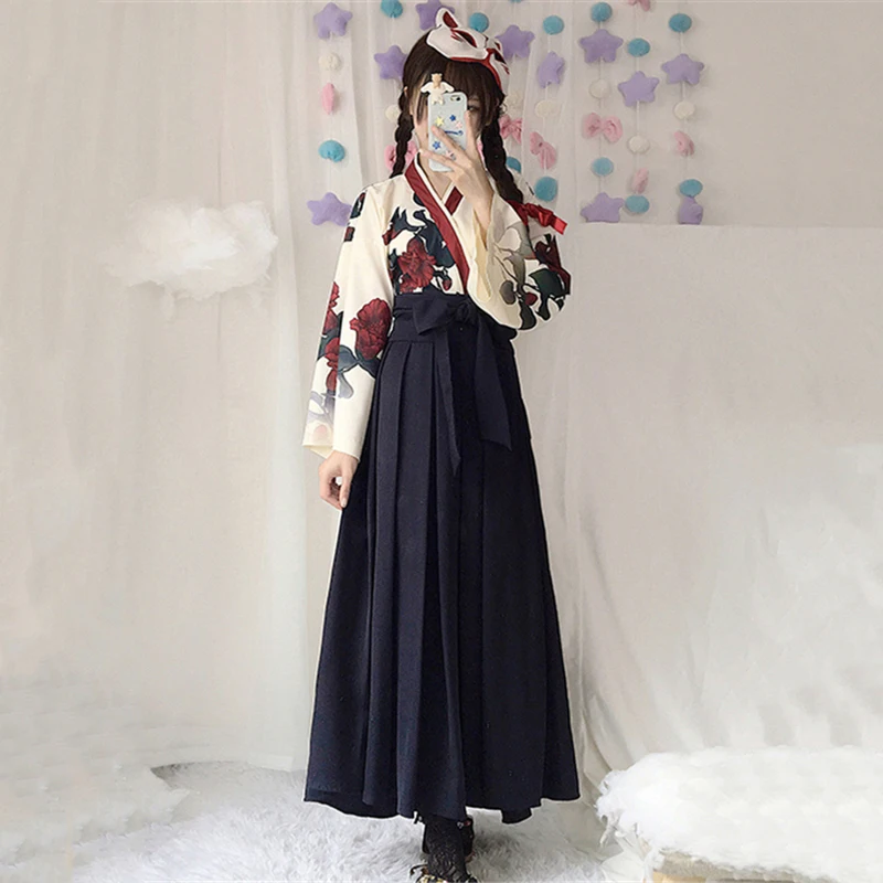 Японское кимоно вечерние платья для женщин Taisho девушка Haori халаты аозай топы юбки наряды азиатская одежда Аниме костюмы для косплея - Цвет: Black Suit1