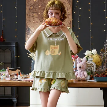 

Pijama Feminino Cartoon Pajamas Set Short Sleeve Tops+Shorts Home Suit Sweet Chic Elegant Cotton Sleepwear Women Harajuku S899