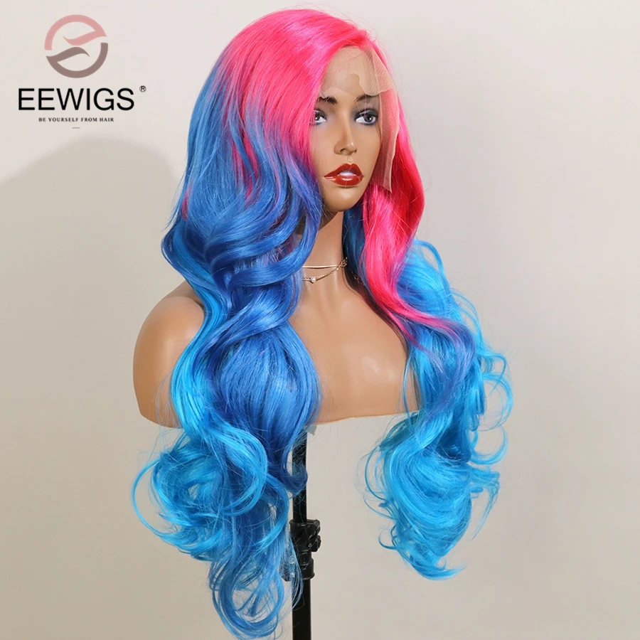 EEWIGS 2" длинные волнистые 13x4 синтетический парик фронта шнурка Glueless розовый Ombre синий парики термостойкие боковая часть 3 тона цвет парик волос