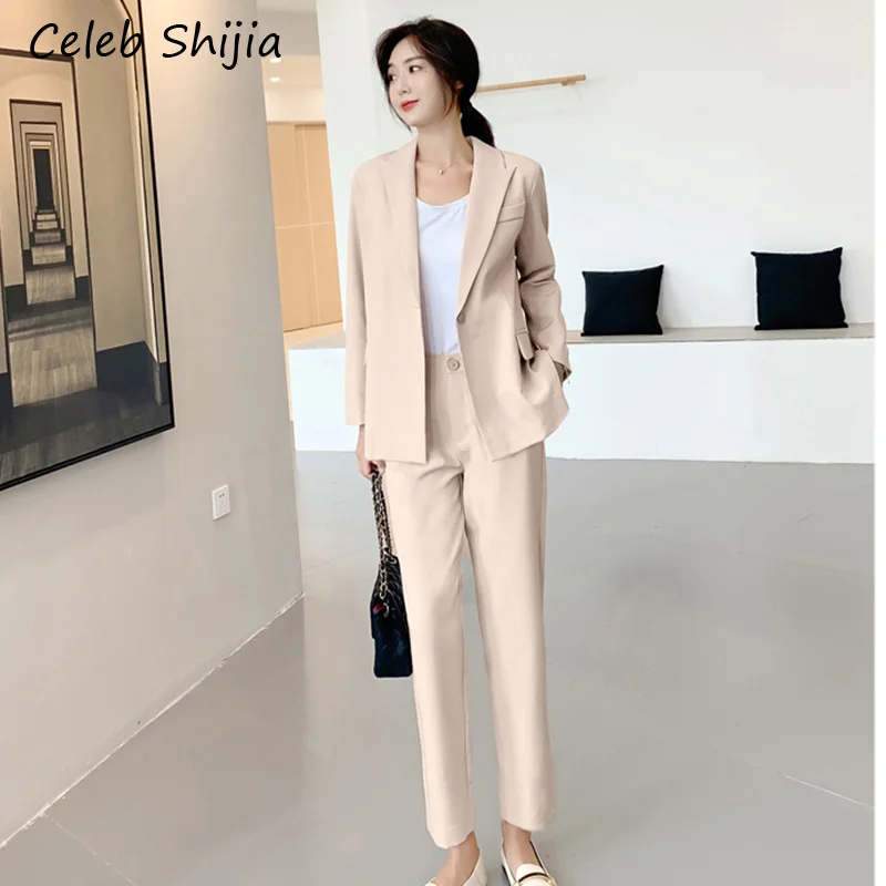Shijia/женские брюки, костюмы, зубчатый блейзер с воротником+ штаны с высокой талией, однотонные офисные женские комплекты из 2 предметов, Осень-зима - Цвет: pink