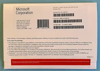 

Microsoft Windows 10 Pro Operate System Product Key OEM COA License Include DVD 64 Bit 1 Device English Russian Version