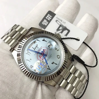 

Arabic numerals Silver watch Blue dial Men automatic self-wind sweeping movement AAA Watches day date