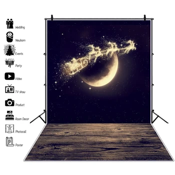 

Laeacco Photography Backdrop Gold Christmas Sledge Santa Clause Moon Old Dark Wooden Floor Baby Party Photo Background Photocall
