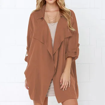 

Womens Seven-quarter Sleeve Trench Coat British Style Solid Color Loose Casual Windbreaker -MX8