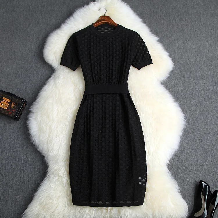 Осеннее женское платье Vestidos с коротким рукавом, тонкое платье с круглым вырезом, высокая талия, до середины икры, Новое поступление, вязаное Открытое платье-карандаш - Цвет: Black
