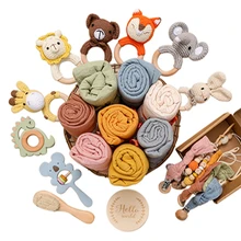 Ensemble de jouets de bain pour bébé, Crochet Animal hochets attache sucette chaîne serviette de bain en coton brosse nouveau né carte de jalon cadeau de naissance pour bébé