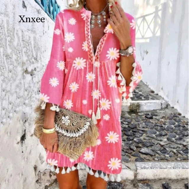 Boho Mini Dress Women Tassel loose V Neck Dresses Lady Beach Female Clothing  New