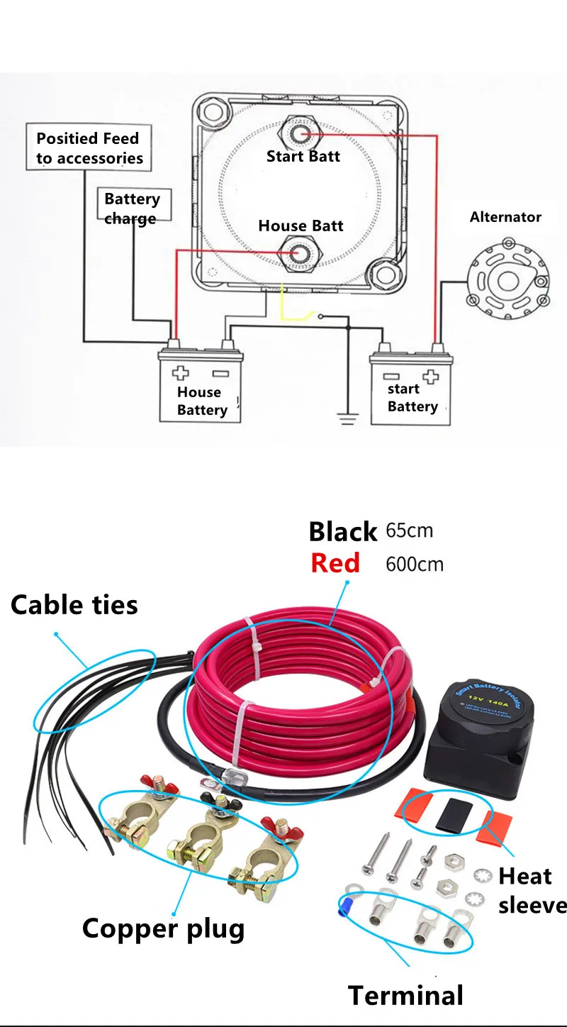 Kits com Carregador Cabos para rv Dupla Bateria Sistema Isolador Pesado Vans Trailer Campista Caravana 4wd Utv Barco Marinho Diy 12v 140a 4 kits com carregador pesado cabos para rv
