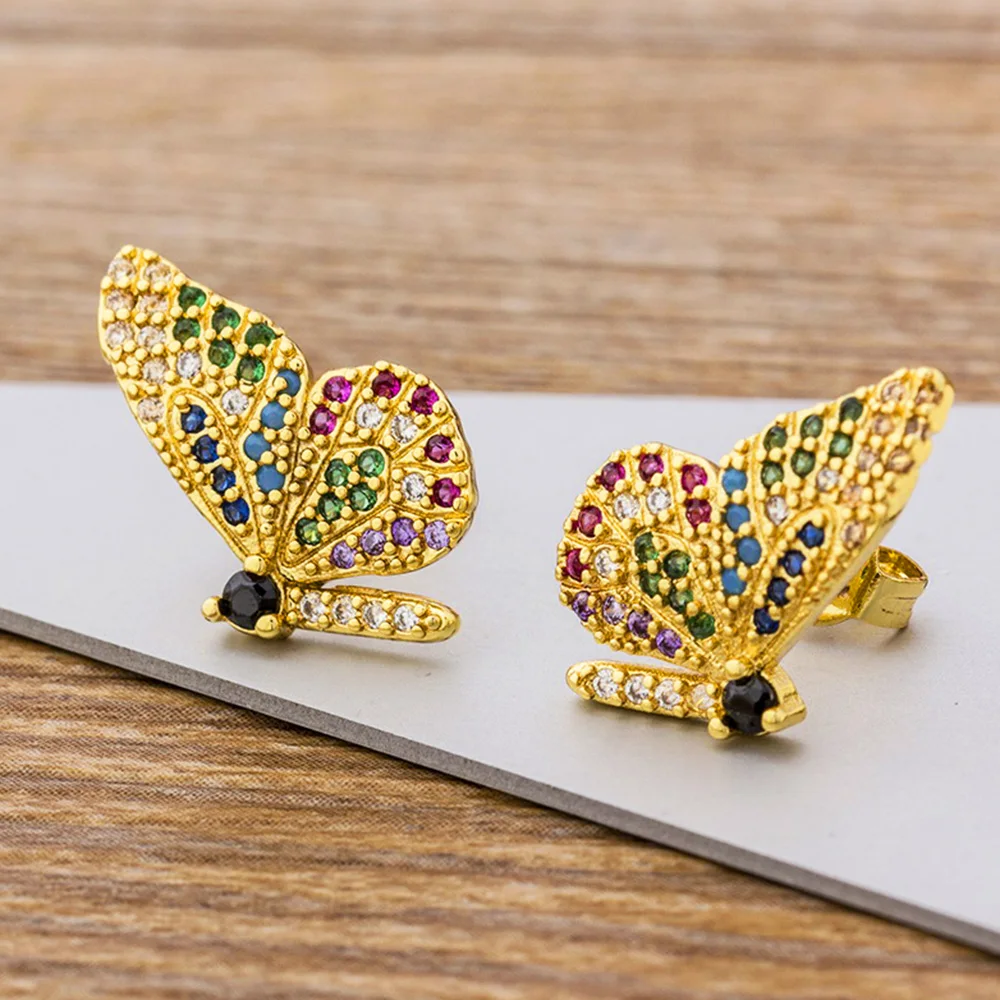 New Design Fashion Gold Color Rainbow Micro Pave CZ Cute Butterfly Stud Earring For Women Zirconia Jewelry | Украшения и