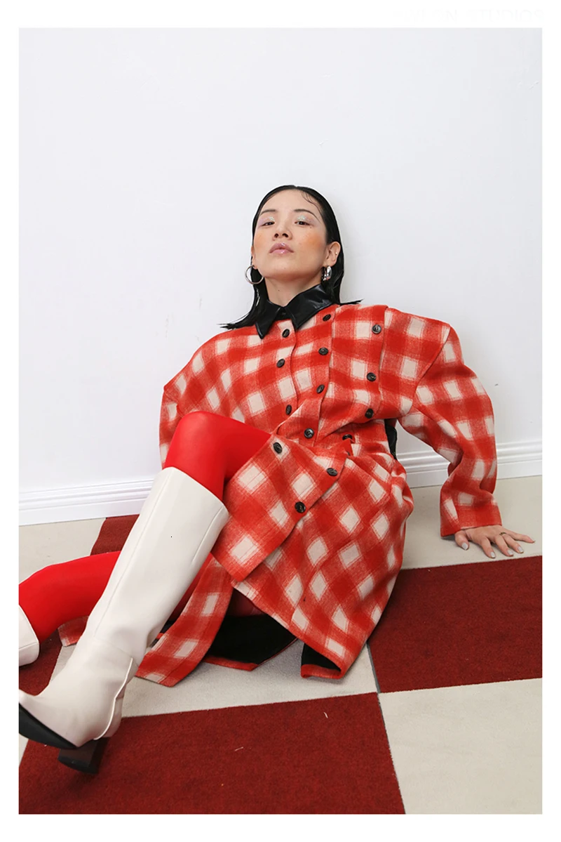 [EAM] свободное шерстяное пальто в красную клетку с пуговицами и разрезом большого размера, парки, новинка, длинный рукав, Женская мода осень-зима 19A-a419