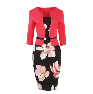 One Piece Patchwork Floral Print Elegant Business Party Formal Office Bodycon Pencil Dress