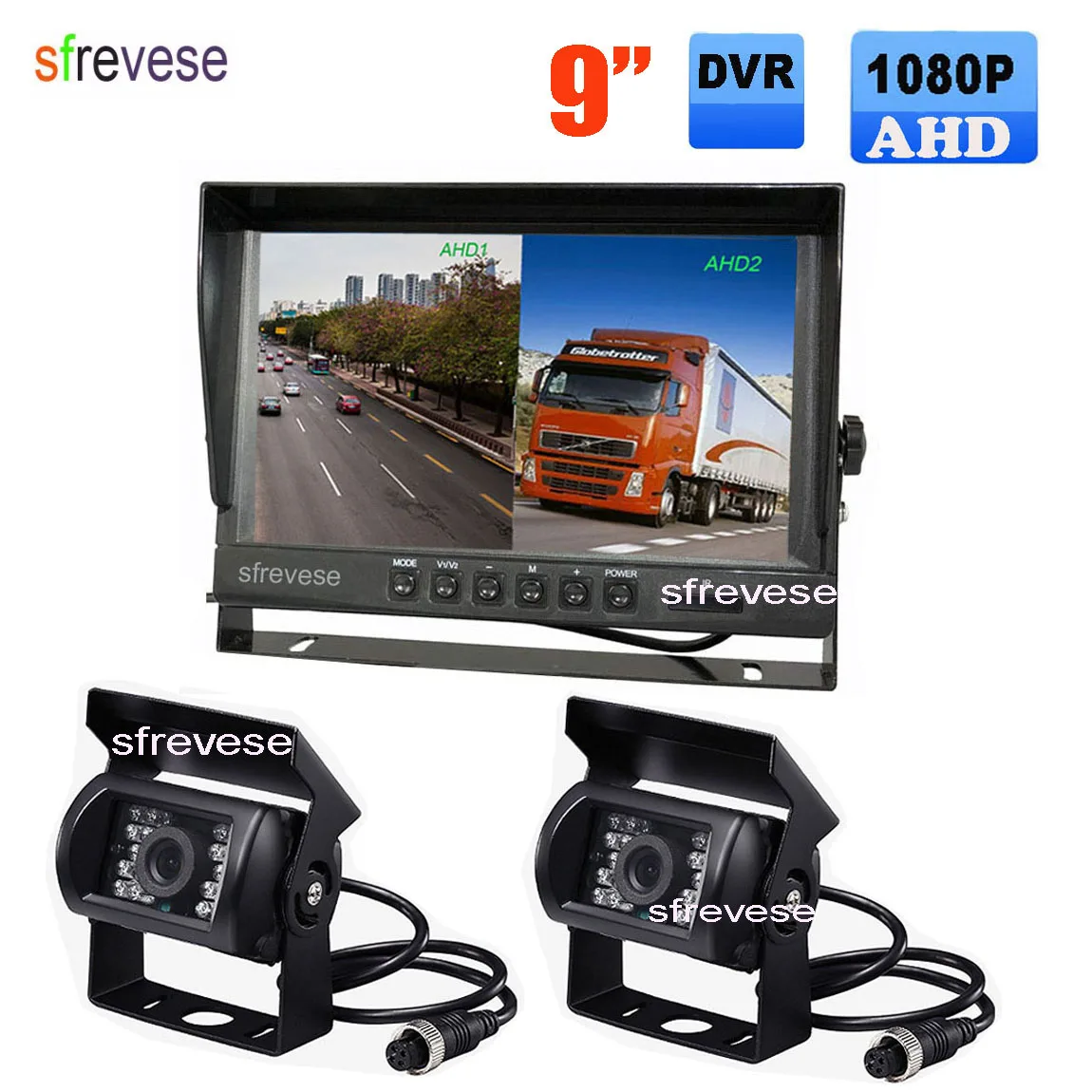 

9" IPS HD SD DVR Recording 2CH Split 4Pin Car Rear View Monitor + 2x 1080P AHD Reversing Backup Camera For Bus Truck Waterproof