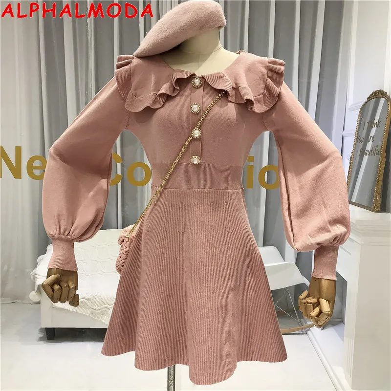 Женское трикотажное платье ALPHALMODA французское ретро с воротником Питер Пэн в