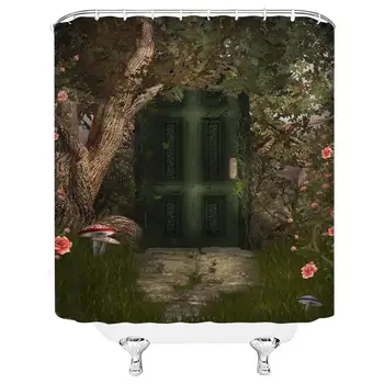 

Door Shower Curtain European Retro Door Old Tree Pink Rose Colorul Mushrooms Polyester Bathroom Decoration 70 Inch with Hook