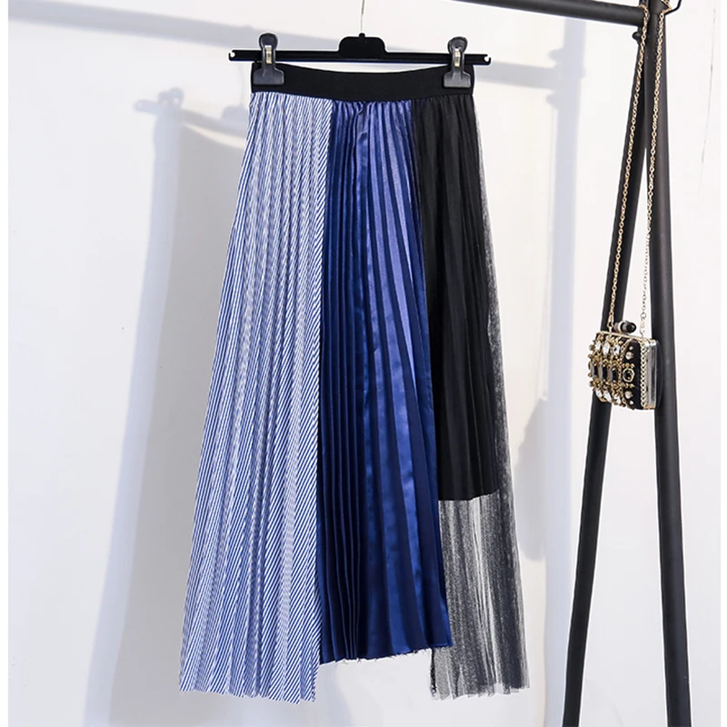 

Pleated Skirt Vintage Mesh Pactwork Elastic Waist Plus Size Long Skirts High Quality Korean Style Women clothes Spring Summer
