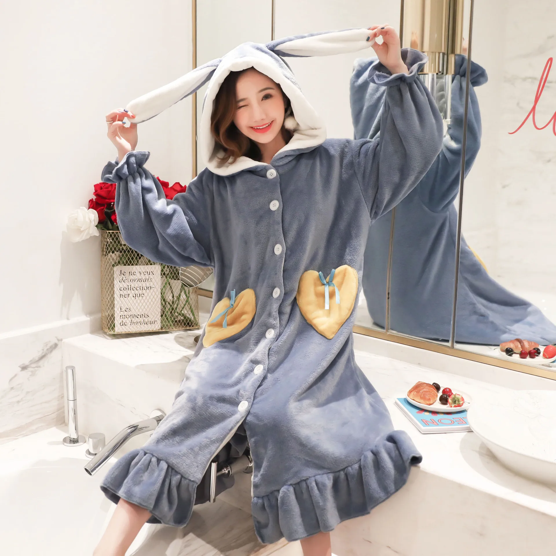 

931 # Heart Bow-Accent Pocket JZ Cardigan Little Fairy Long Sleeve Casual Brushed And Thick Tracksuit Nightgown Set