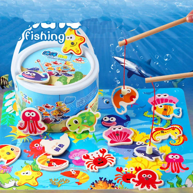 3D Wooden Magnet Fish Puzzle Kids Toys Magnetic Fishing Parent-child Interactive Toy For Children Educational Indoor Fun Game