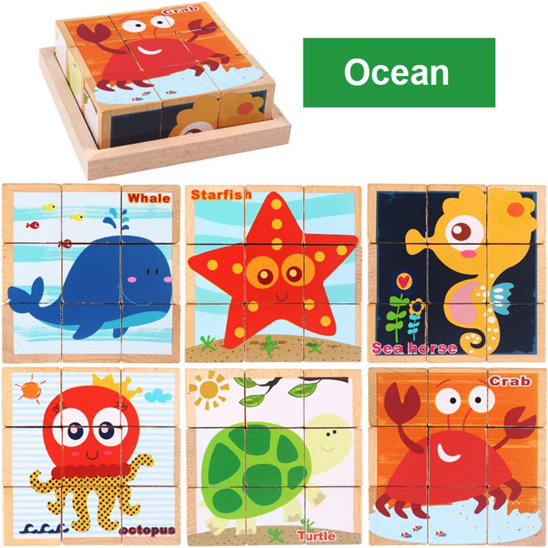 

3D Wooden Puzzle Toy NEW Six-sided Animal Fruits Insect Stacking Jigsaw Montessori Educational Toys Christmas Gift for Children