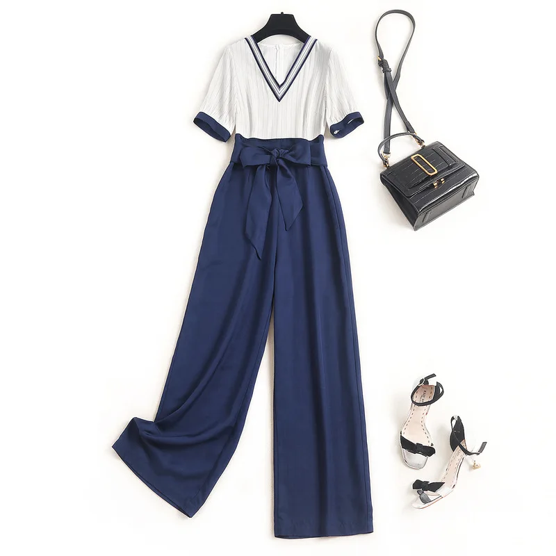 

2020 Summer Fashion Striped Color Contrast V-neck High Waisted Belt Tie Bow Tencel Rompers Womens Jumpsuit Overalls