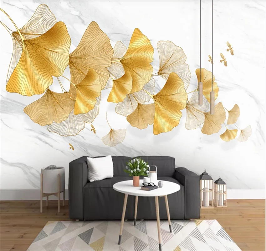 

XUESU Modern hand-painted golden ginkgo leaves Nordic plant sofa background wall 3D wallpaper mural wall covering