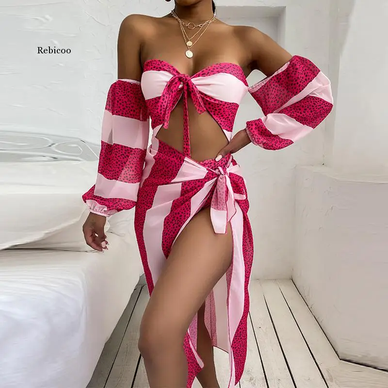 

Sexy Bandeau Push Up Three Piece Bikini Sets Polka Dot Print Women Swimwear 2021 Summer Cover Up Swimsuit Bathing Suit Brazilian