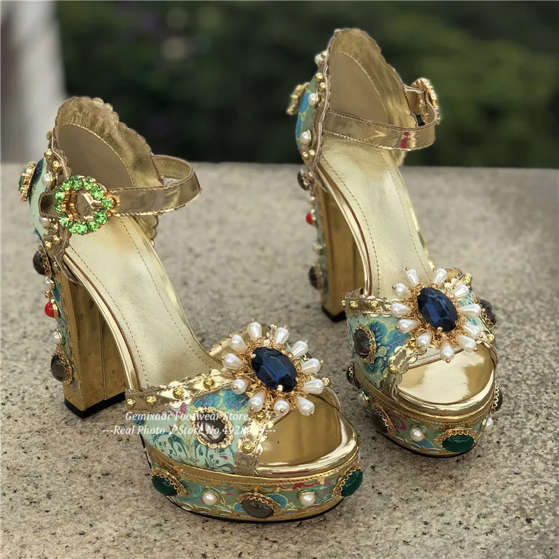 Голубая шелковая Для женщин сандалии Med; на платформе; на толстом каблуке; ботинки на высоком квадратном каблуке с шипами; стразы; босоножки; открытый носок декор с украшением в виде кристаллов женские босоножки