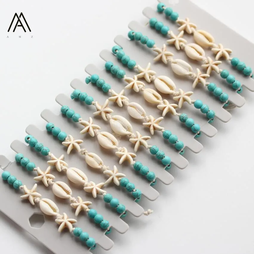 

12pcs/Set Turquosies Round Beads Charm Strands Wrapped Starfish Shell Hand Knit Rope Bracelet Women Summer Jewelry JHNLL-05