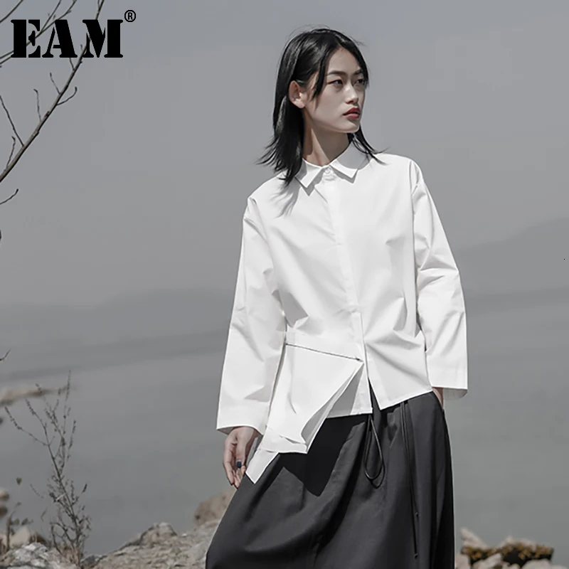 

[EAM] 2019 New Autumn Winter Lapel Long Sleeve white irregular split joint loose temperament Shirt Women Blouse Fashion JW633