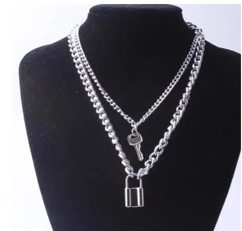 Details about   Punk Rock Stainless Steel Chain Necklace Lock Key Pendant Couple Padlock Egirl 