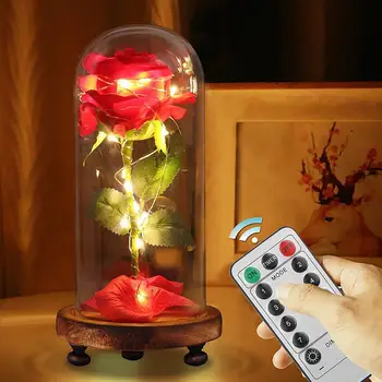 

Remote Control LED USB Rechargeable Dry Rose Flower in Glass Cover Weeding Party Valentine's Gift Beauty And The Beast Red Rose