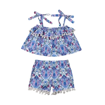 

2019 Summer Kids Baby Girls Tassel Halter T-shirt Crop Tops Clothes+ Floral Short Pants Outfits