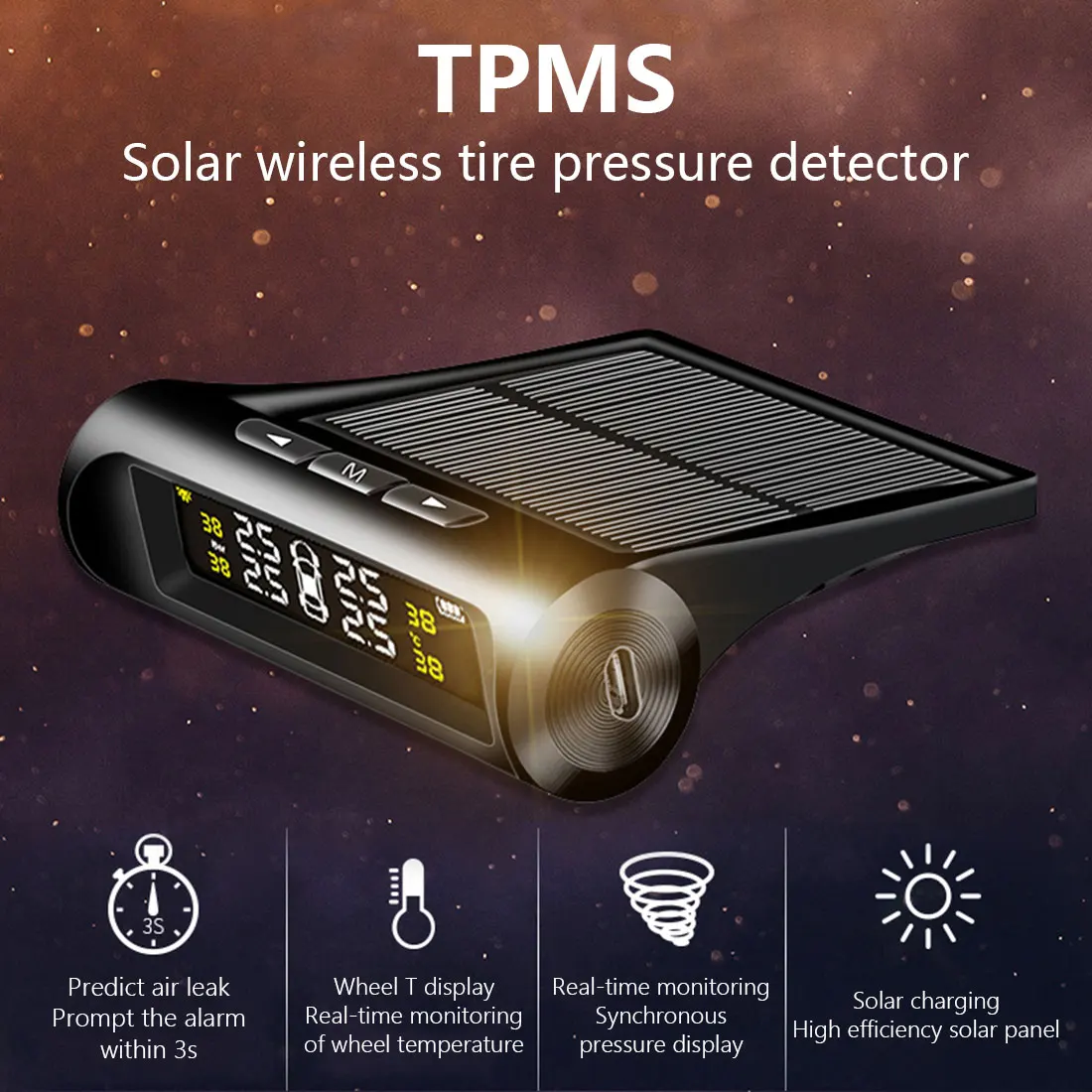 

Solar Power Tyre Pressure Sensor Auto Security Alarm Systems Car TPMS Tyre Air Monitoring Digital LCD Display Smart Car TPMS